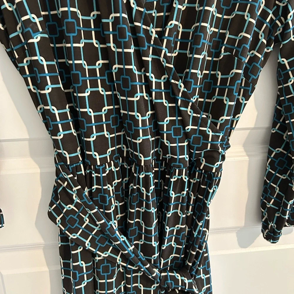 Talbots Wrap Dress Black Blue Geometric Print Size 12